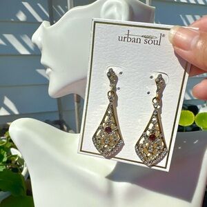 Urban soul earrings gold tone hallowed floral metal teardrop red white diamonds